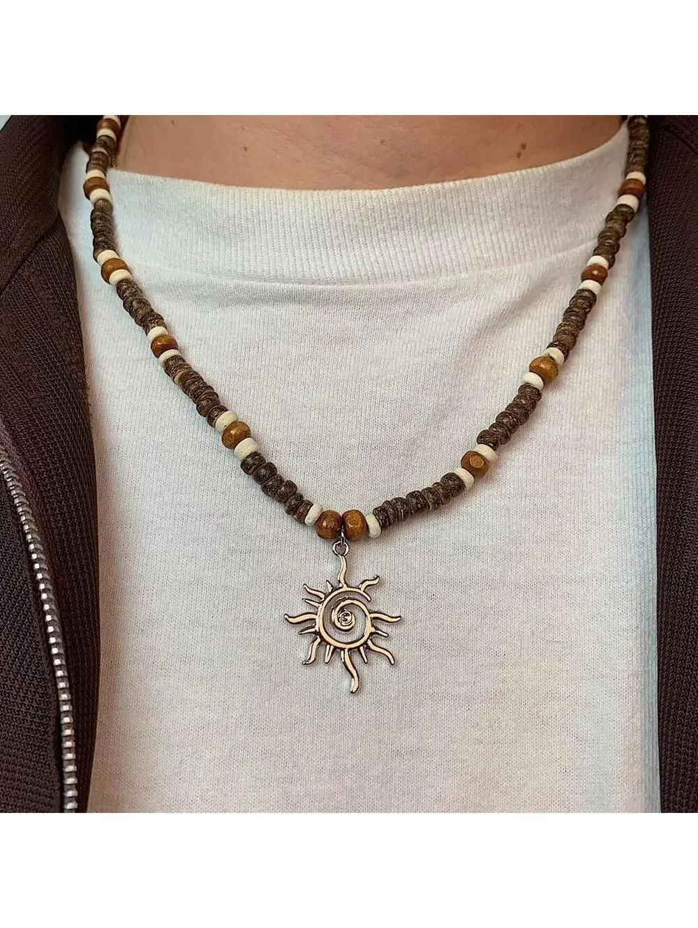 Y2k 2000s style Wood Beaded Necklace with Cyber Star Sun Pendant. Item is